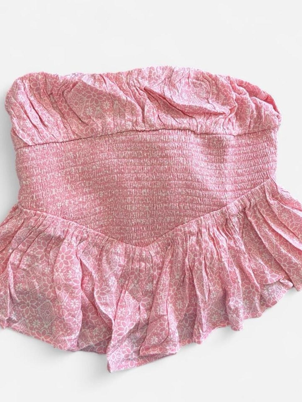 Pink Floral Strapless Smocked Ruffle Top